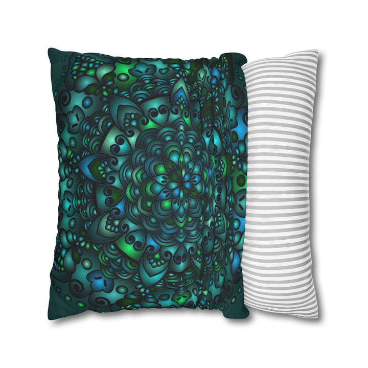 Spun Polyester Square Pillowcase Mandala Art - Original Fine Art - Hand - drawn - Petroleum Green - Blululi