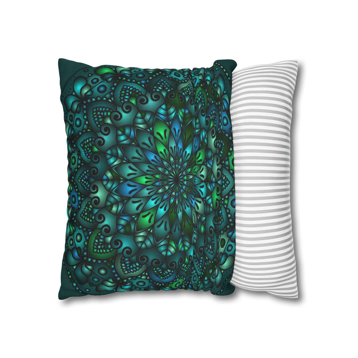 Spun Polyester Square Pillowcase Mandala Art - Original Fine Art - Hand - drawn - Petroleum Green - Blululi