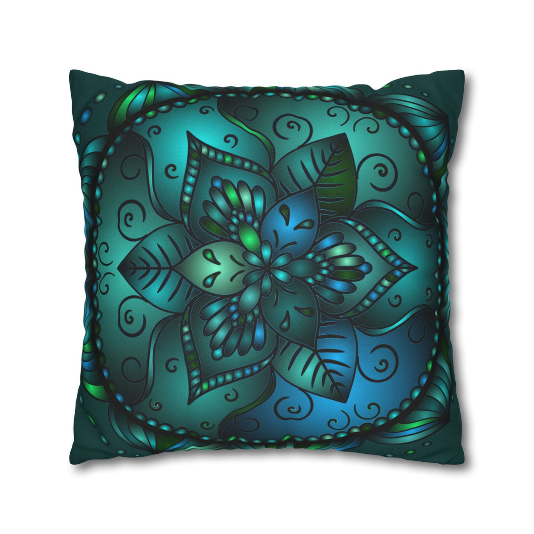 Spun Polyester Square Pillowcase Mandala Art - Original Fine Art - Hand - drawn - Petroleum Green - Blululi