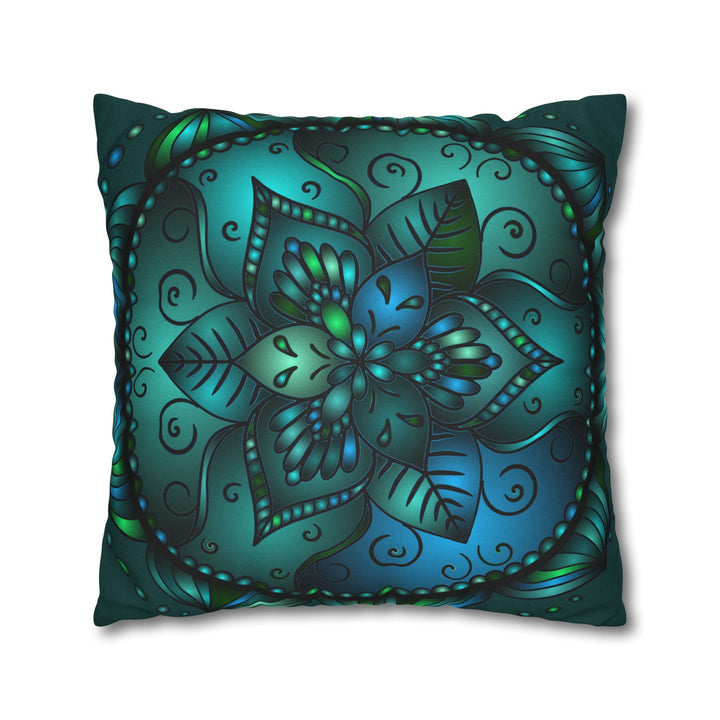 Spun Polyester Square Pillowcase Mandala Art - Original Fine Art - Hand - drawn - Petroleum Green - Blululi