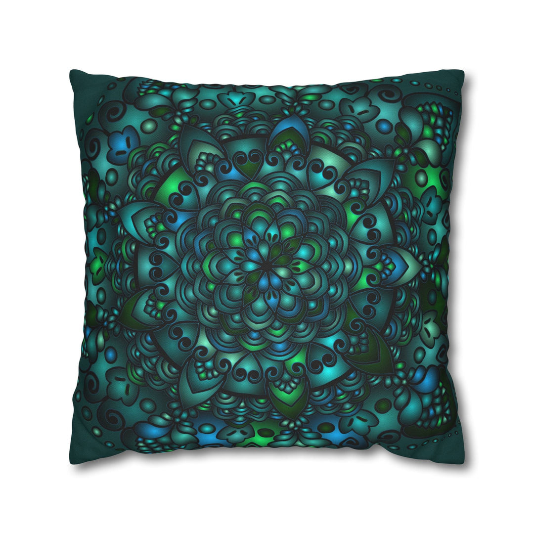 Spun Polyester Square Pillowcase Mandala Art - Original Fine Art - Hand - drawn - Petroleum Green - Blululi