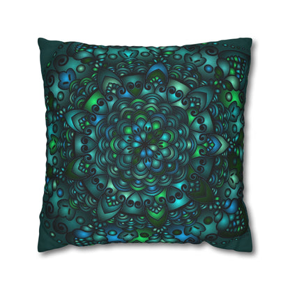 Spun Polyester Square Pillowcase Mandala Art - Original Fine Art - Hand - drawn - Petroleum Green - Blululi