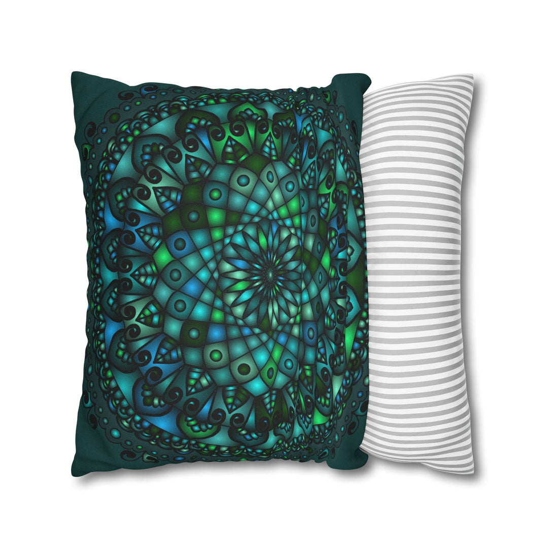 Spun Polyester Square Pillowcase Mandala Art - Original Fine Art - Hand - drawn - Petroleum Green - Blululi