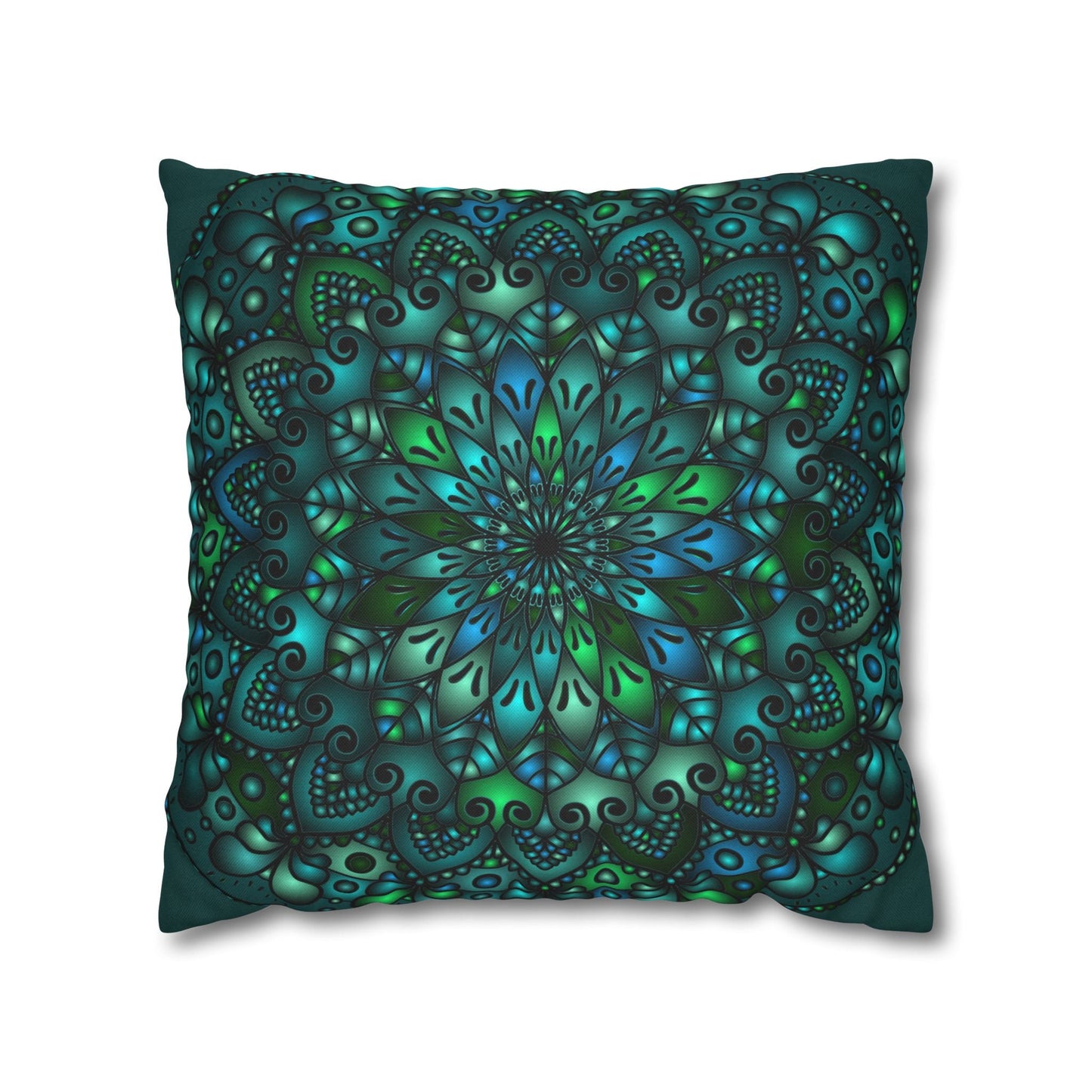 Spun Polyester Square Pillowcase Mandala Art - Original Fine Art - Hand - drawn - Petroleum Green - Blululi