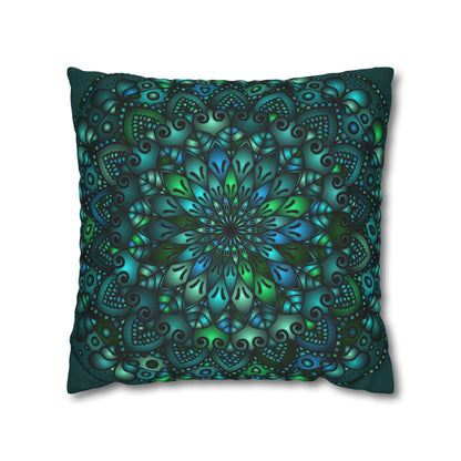 Spun Polyester Square Pillowcase Mandala Art - Original Fine Art - Hand - drawn - Petroleum Green - Blululi