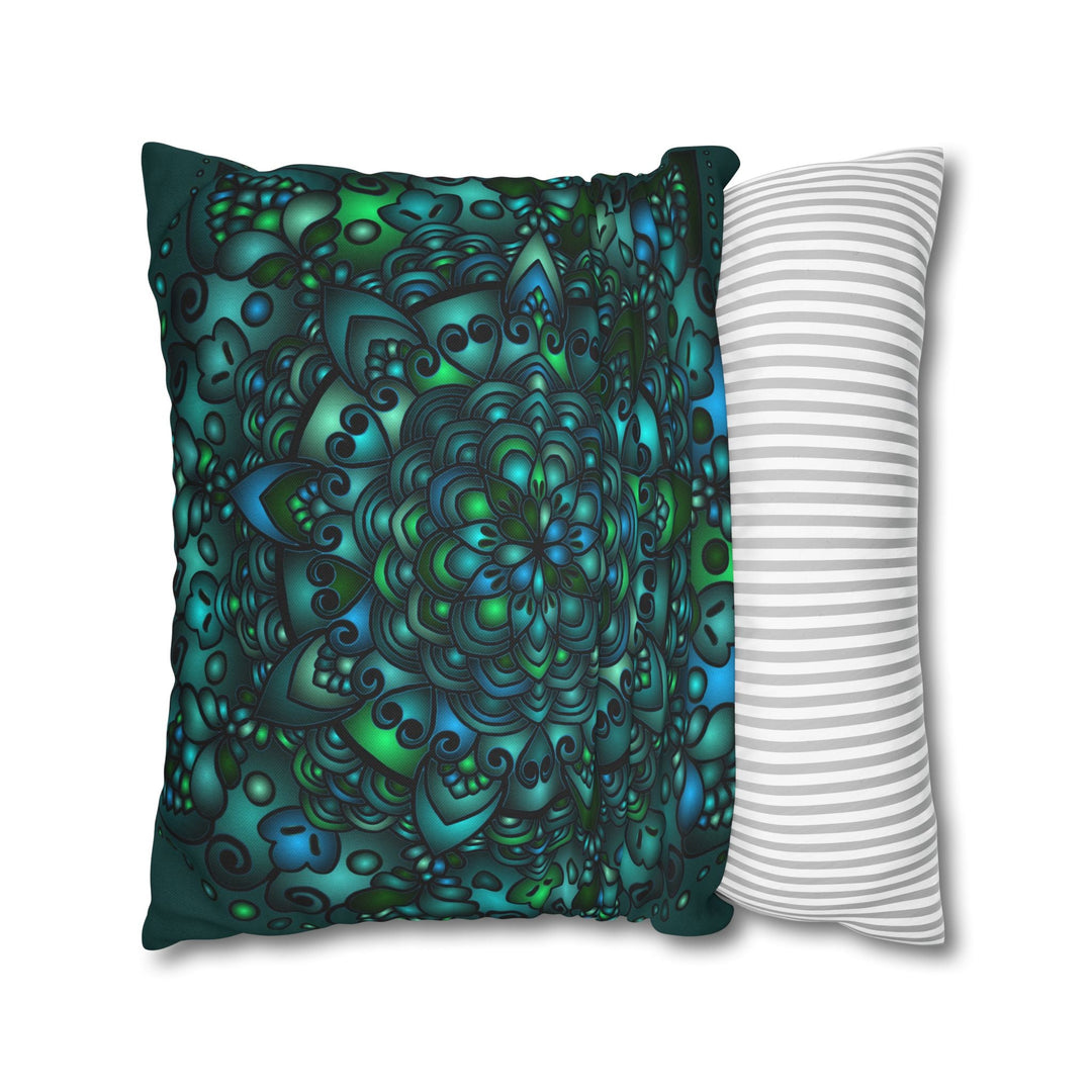 Spun Polyester Square Pillowcase Mandala Art - Original Fine Art - Hand - drawn - Petroleum Green - Blululi