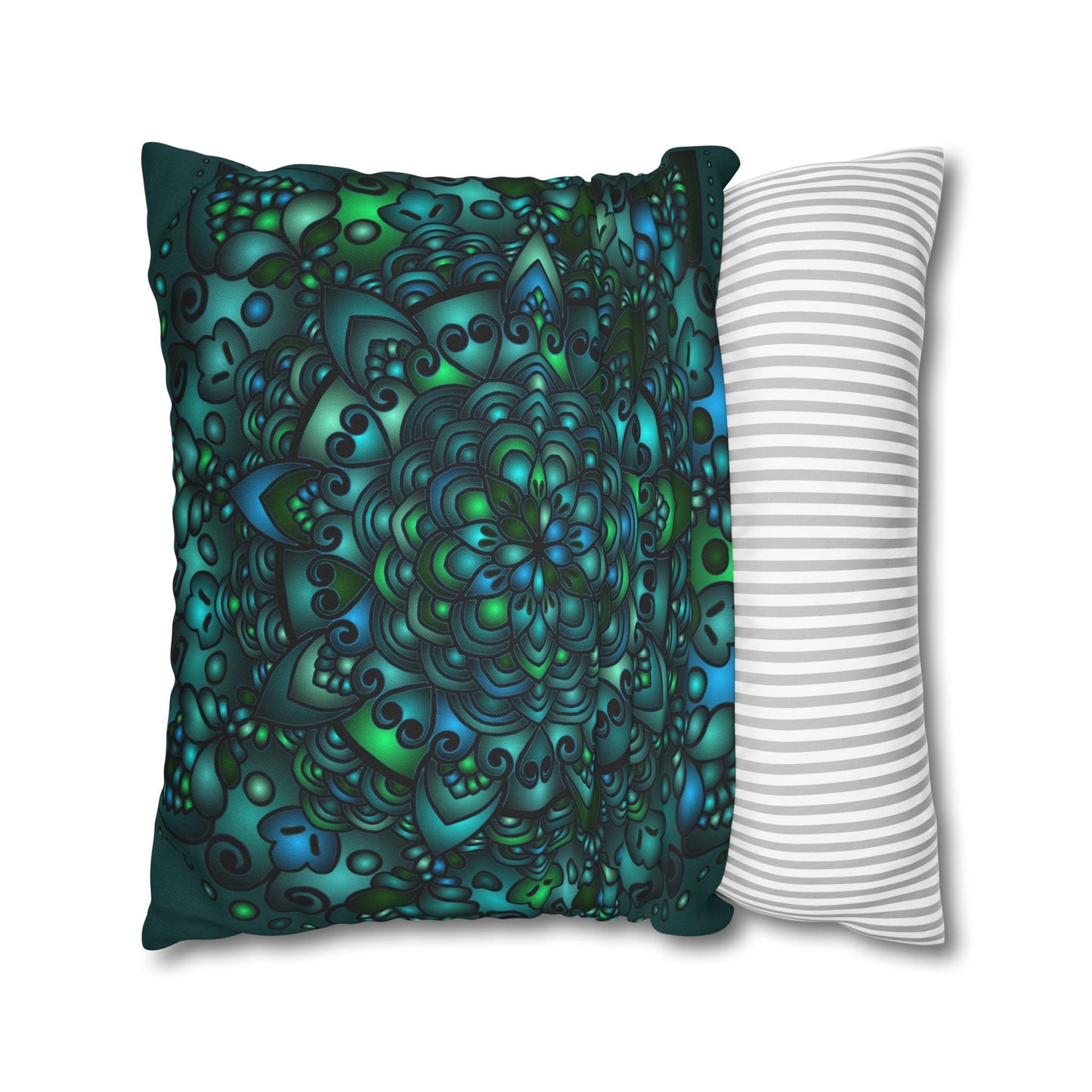 Spun Polyester Square Pillowcase Mandala Art - Original Fine Art - Hand - drawn - Petroleum Green - Blululi