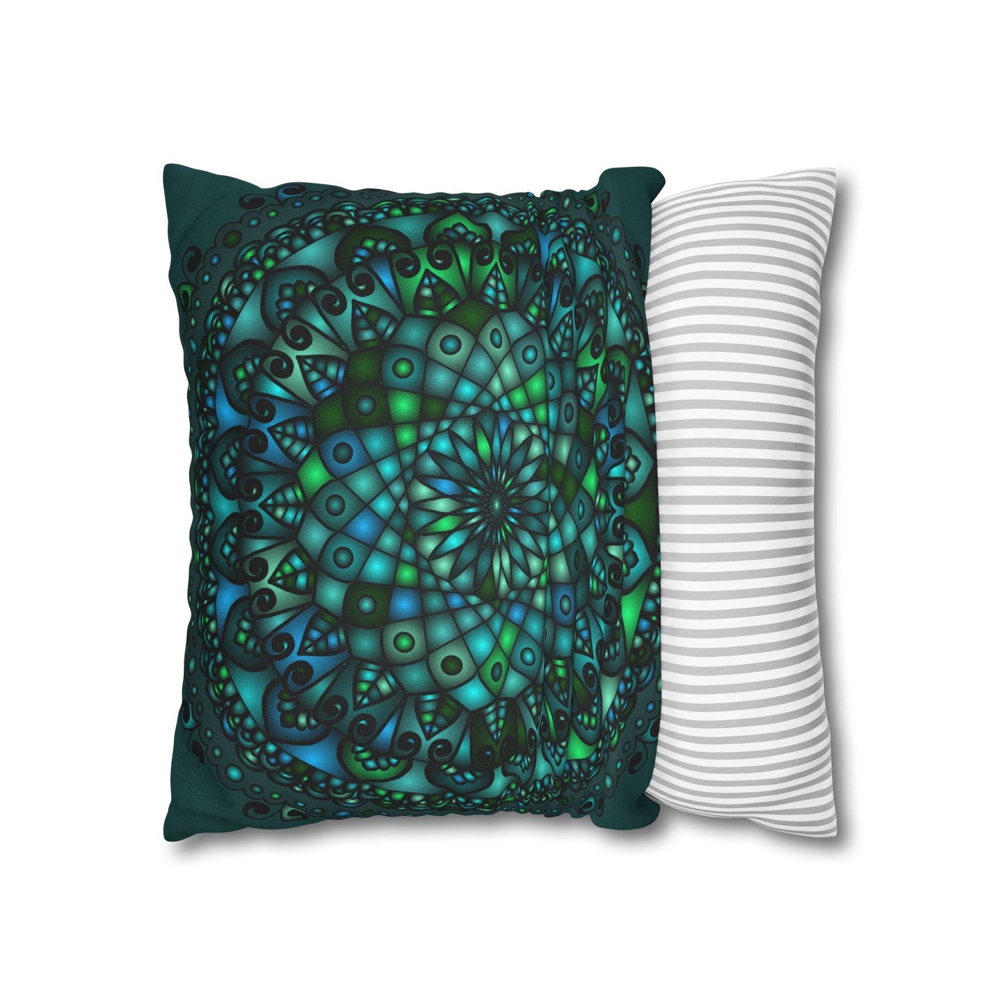 Spun Polyester Square Pillowcase Mandala Art - Original Fine Art - Hand - drawn - Petroleum Green - Blululi