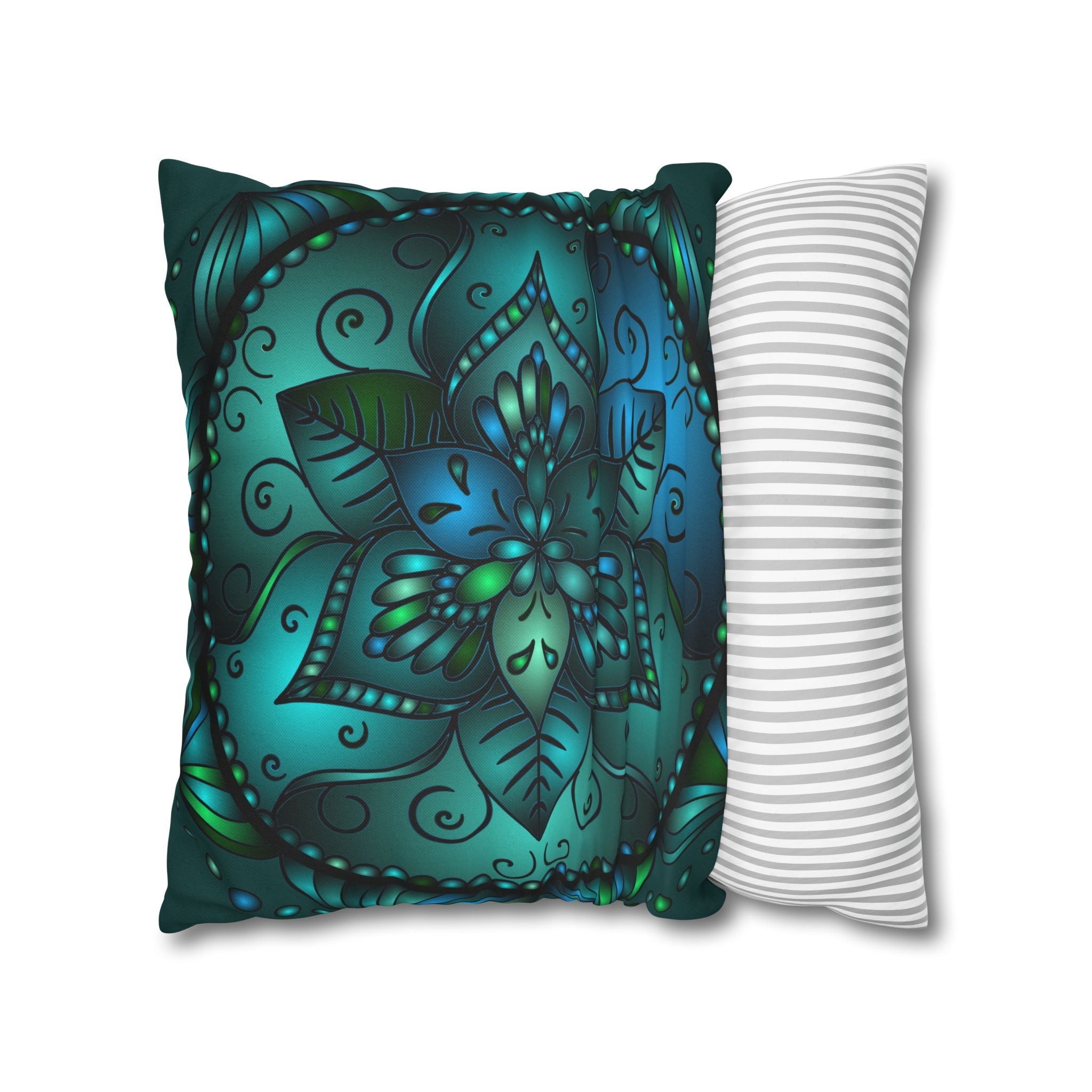 Spun Polyester Square Pillowcase Mandala Art - Original Fine Art - Hand - drawn - Petroleum Green - Blululi