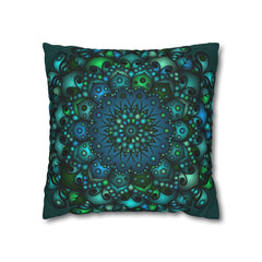 Spun Polyester Square Pillowcase Mandala Art - Original Fine Art - Hand - drawn - Petroleum Green - Blululi