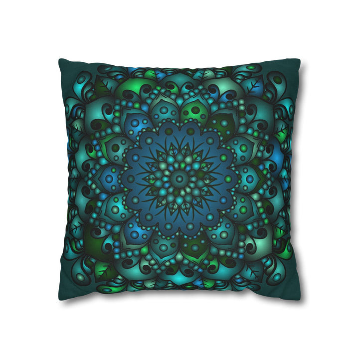 Spun Polyester Square Pillowcase Mandala Art - Original Fine Art - Hand - drawn - Petroleum Green - Blululi