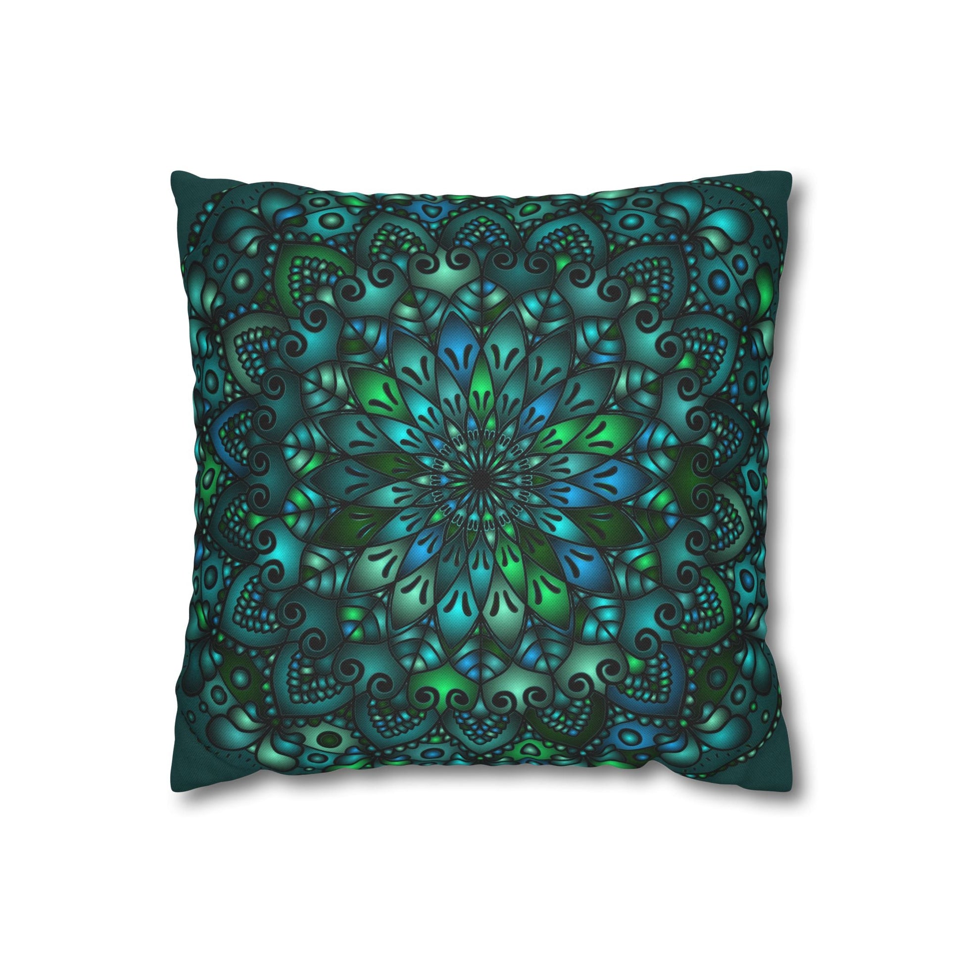 Spun Polyester Square Pillowcase Mandala Art - Original Fine Art - Hand - drawn - Petroleum Green - Blululi