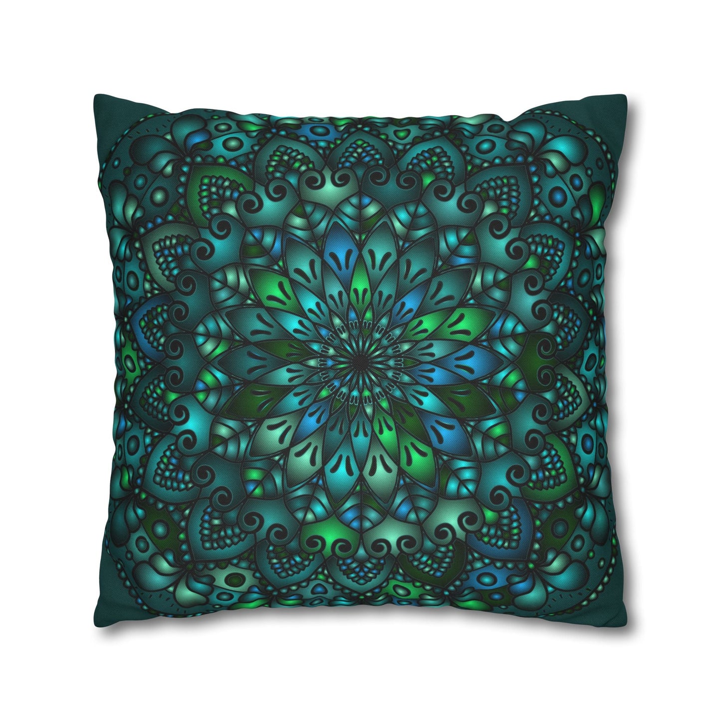 Spun Polyester Square Pillowcase Mandala Art - Original Fine Art - Hand - drawn - Petroleum Green - Blululi