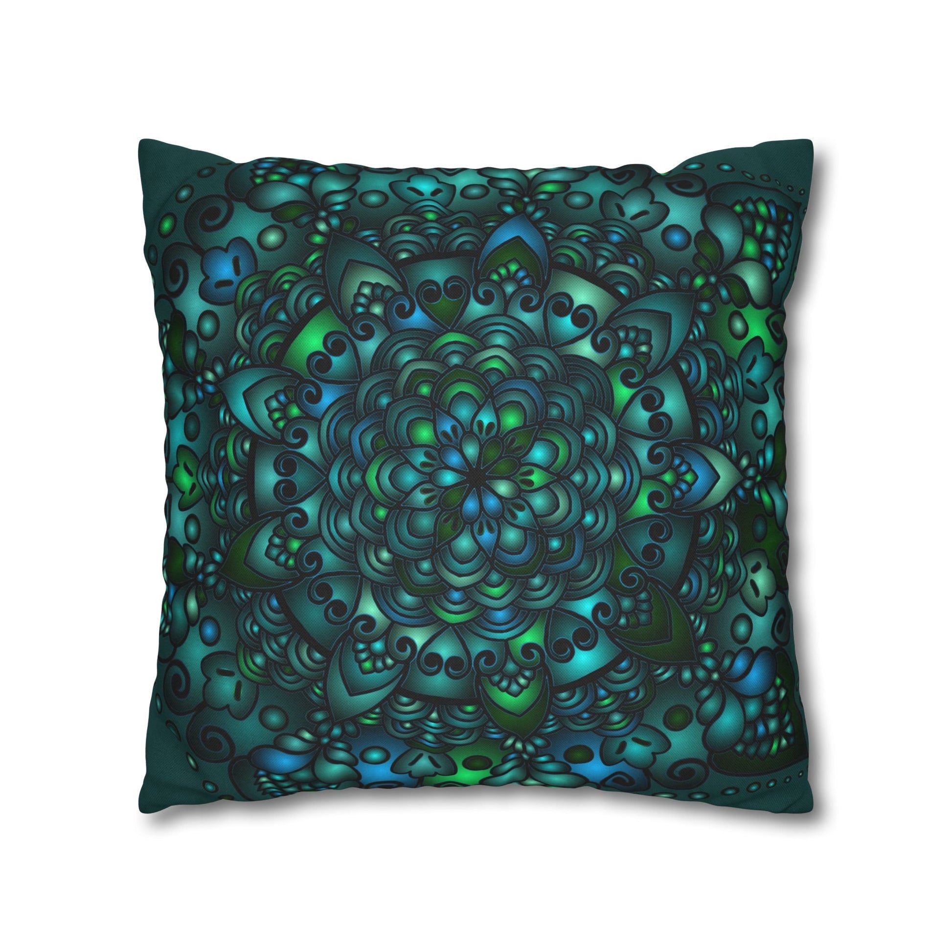 Spun Polyester Square Pillowcase Mandala Art - Original Fine Art - Hand - drawn - Petroleum Green - Blululi