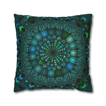 Spun Polyester Square Pillowcase Mandala Art - Original Fine Art - Hand - drawn - Petroleum Green - Blululi