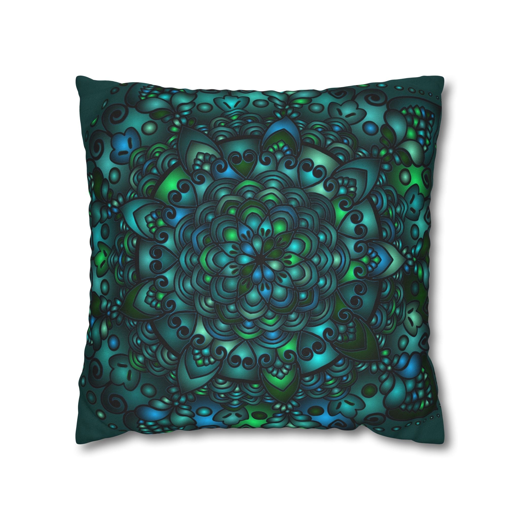 Spun Polyester Square Pillowcase Mandala Art - Original Fine Art - Hand - drawn - Petroleum Green - Blululi