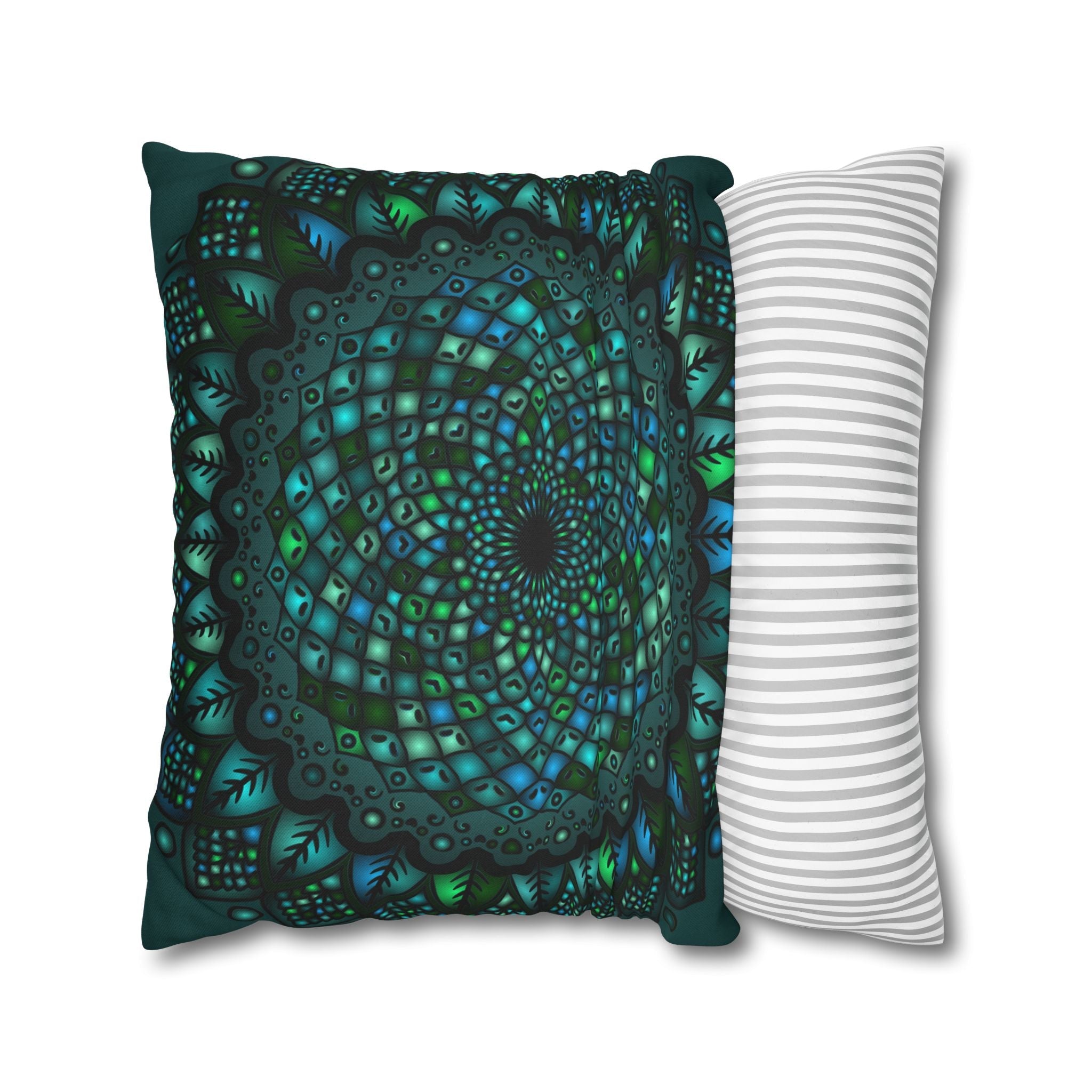 Spun Polyester Square Pillowcase Mandala Art - Original Fine Art - Hand - drawn - Petroleum Green - Blululi