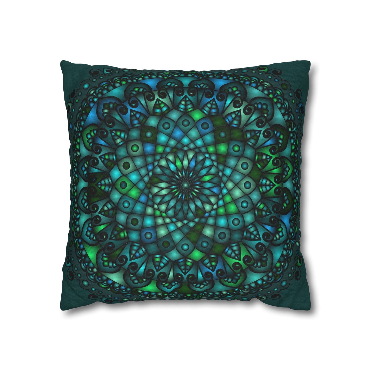 Spun Polyester Square Pillowcase Mandala Art - Original Fine Art - Hand - drawn - Petroleum Green - Blululi