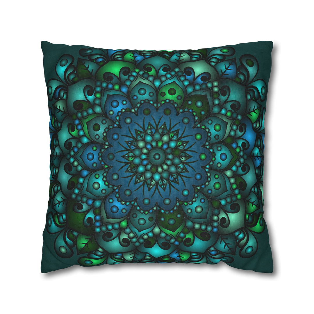 Spun Polyester Square Pillowcase Mandala Art - Original Fine Art - Hand - drawn - Petroleum Green - Blululi