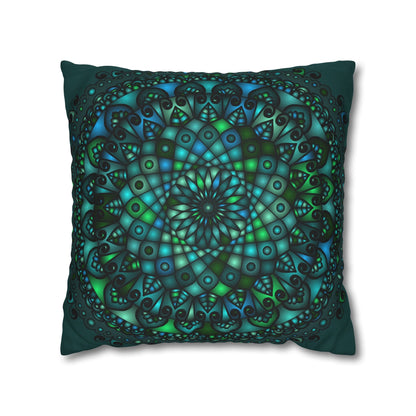 Spun Polyester Square Pillowcase Mandala Art - Original Fine Art - Hand - drawn - Petroleum Green - Blululi