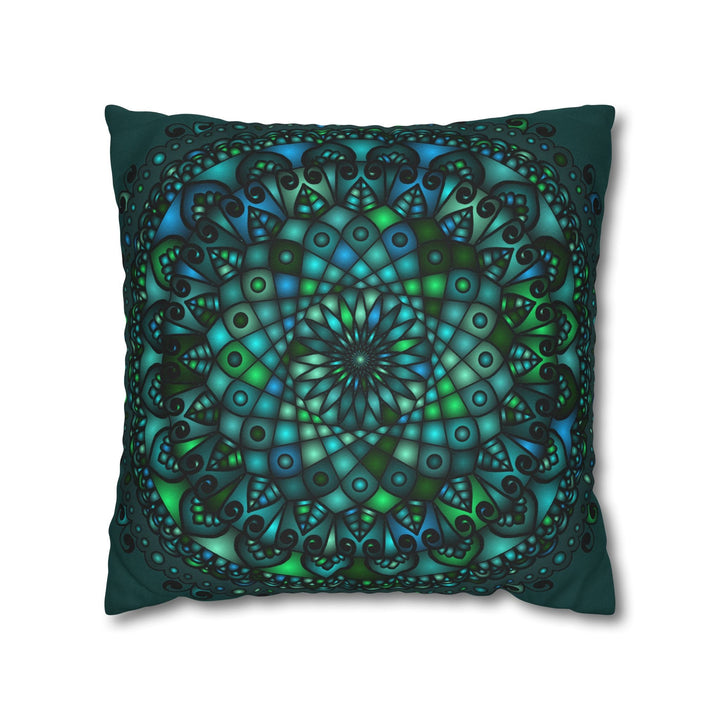 Spun Polyester Square Pillowcase Mandala Art - Original Fine Art - Hand - drawn - Petroleum Green - Blululi