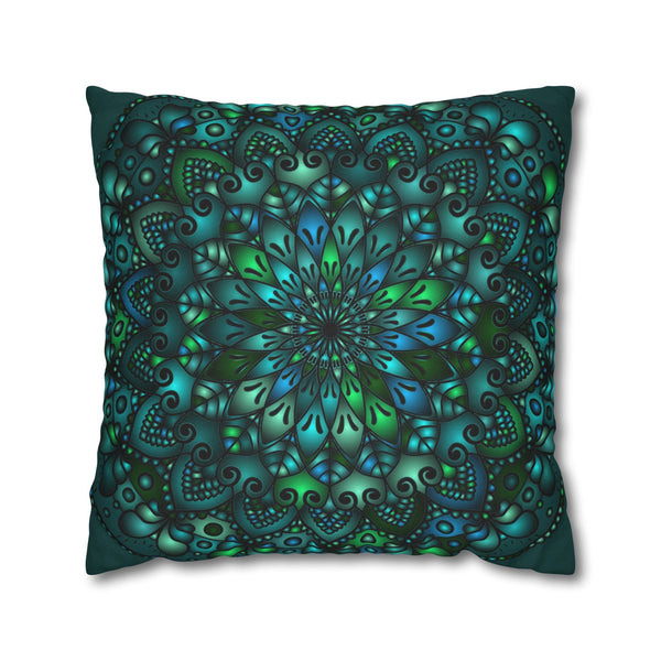 Spun Polyester Square Pillowcase Mandala Art - Original Fine Art - Hand - drawn - Petroleum Green - Blululi