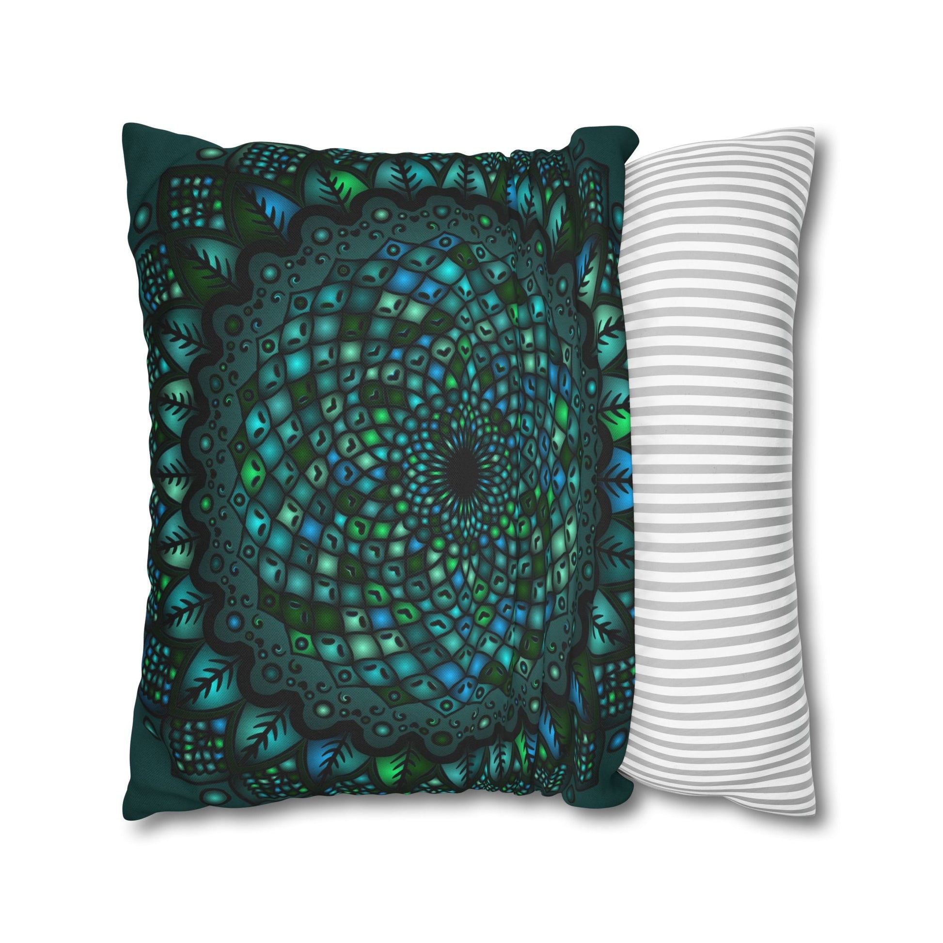 Spun Polyester Square Pillowcase Mandala Art - Original Fine Art - Hand - drawn - Petroleum Green - Blululi