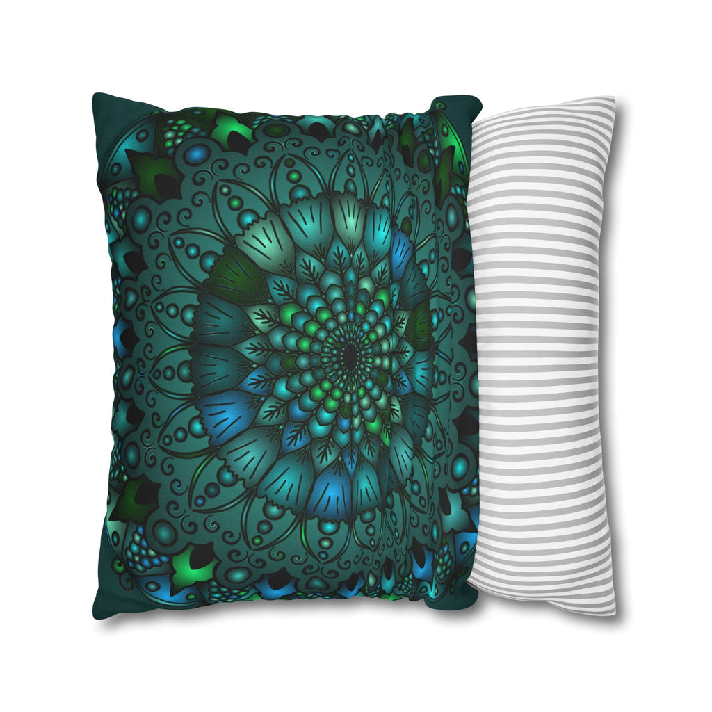 Spun Polyester Square Pillowcase Mandala Art - Original Fine Art - Hand - drawn - Petroleum Green - Blululi