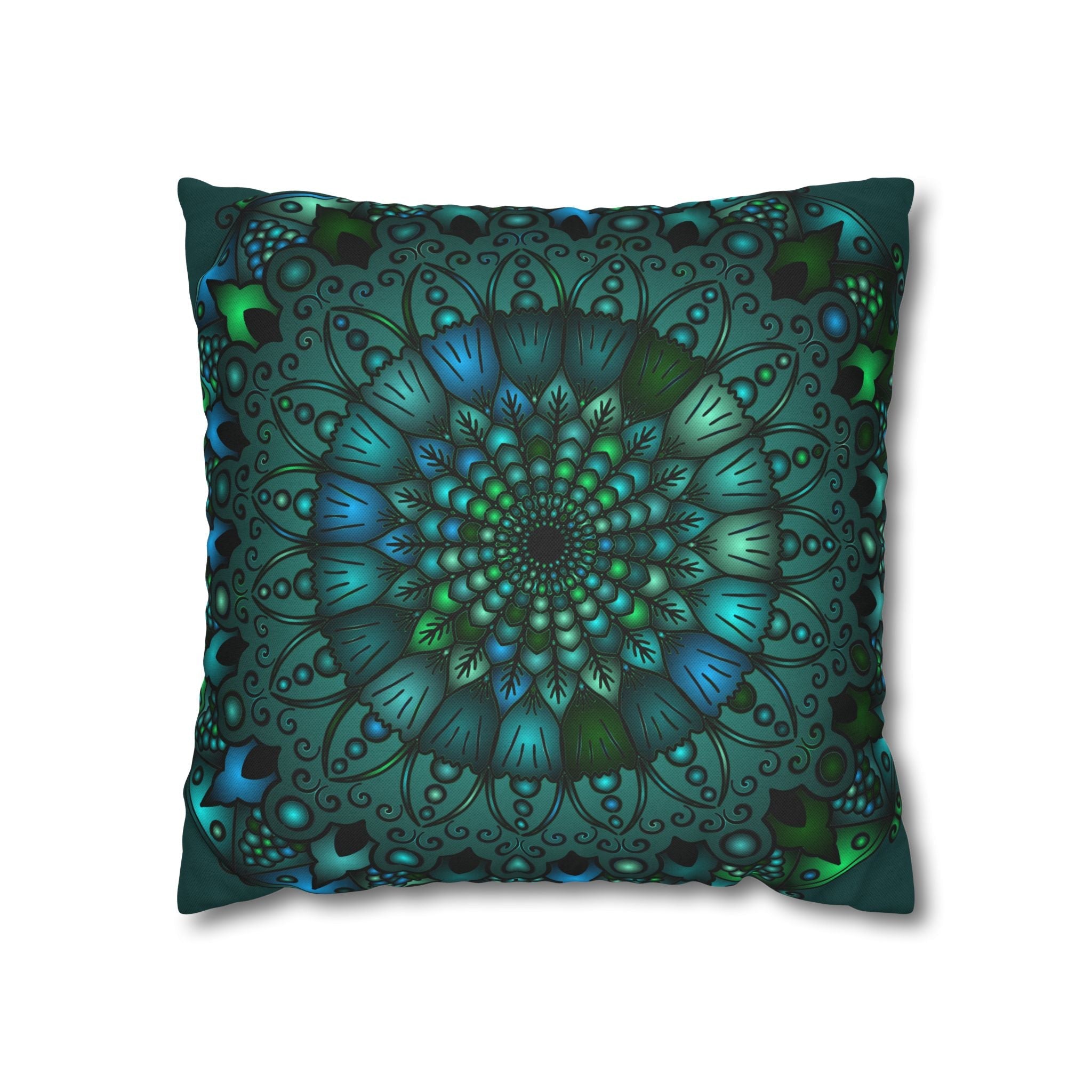 Spun Polyester Square Pillowcase Mandala Art - Original Fine Art - Hand - drawn - Petroleum Green - Blululi