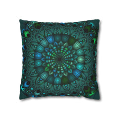 Spun Polyester Square Pillowcase Mandala Art - Original Fine Art - Hand - drawn - Petroleum Green - Blululi