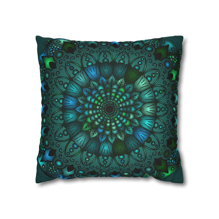 Spun Polyester Square Pillowcase Mandala Art - Original Fine Art - Hand - drawn - Petroleum Green - Blululi