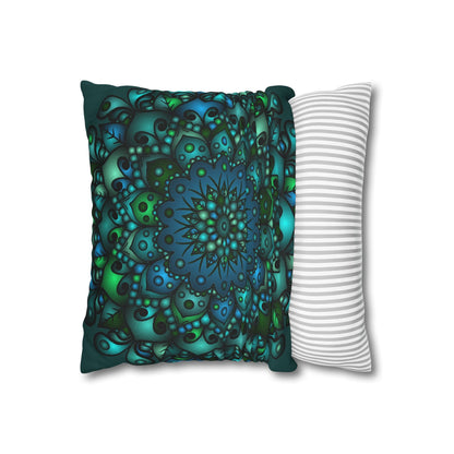 Spun Polyester Square Pillowcase Mandala Art - Original Fine Art - Hand - drawn - Petroleum Green - Blululi