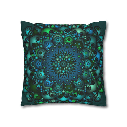 Spun Polyester Square Pillowcase Mandala Art - Original Fine Art - Hand - drawn - Petroleum Green - Blululi