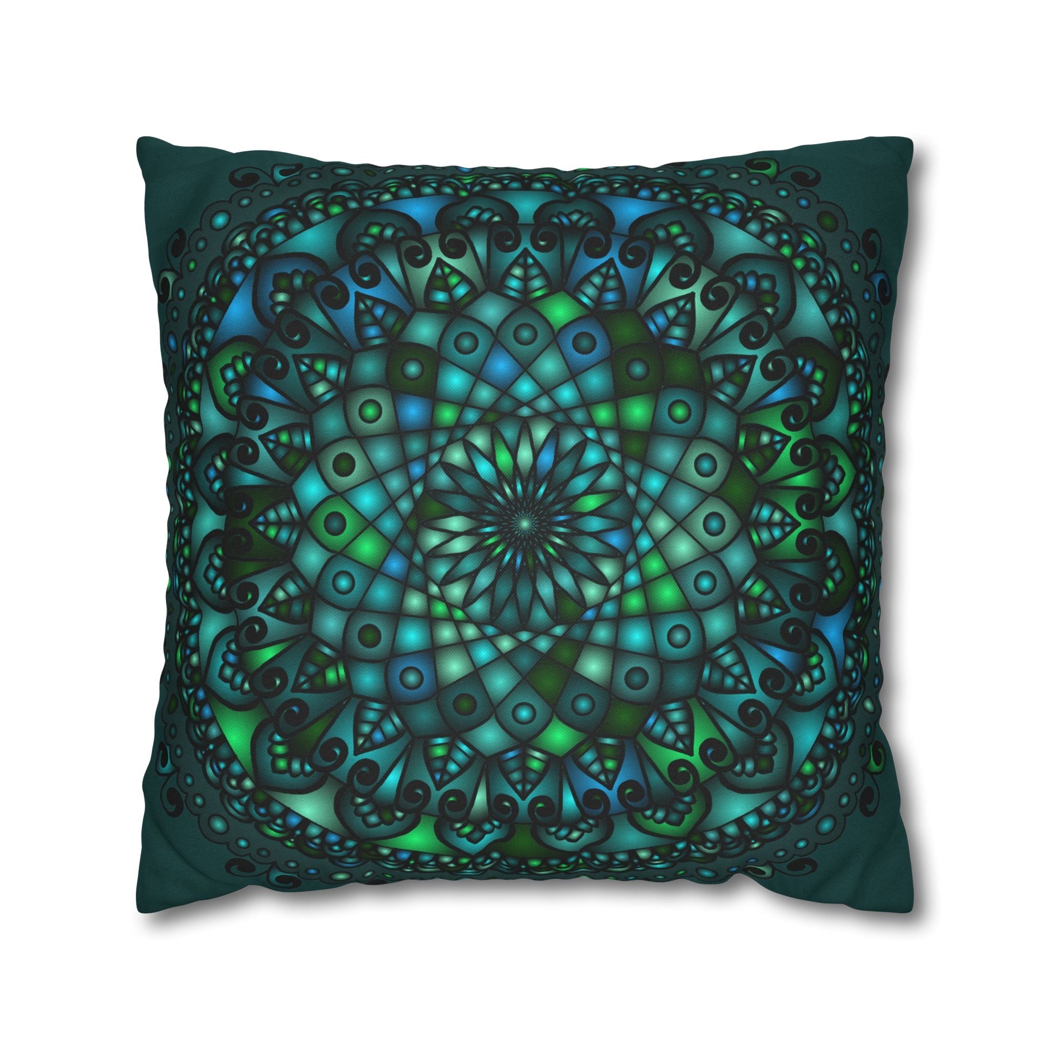 Spun Polyester Square Pillowcase Mandala Art - Original Fine Art - Hand - drawn - Petroleum Green - Blululi