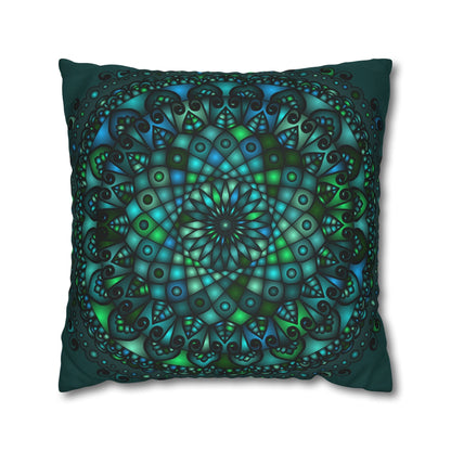 Spun Polyester Square Pillowcase Mandala Art - Original Fine Art - Hand - drawn - Petroleum Green - Blululi