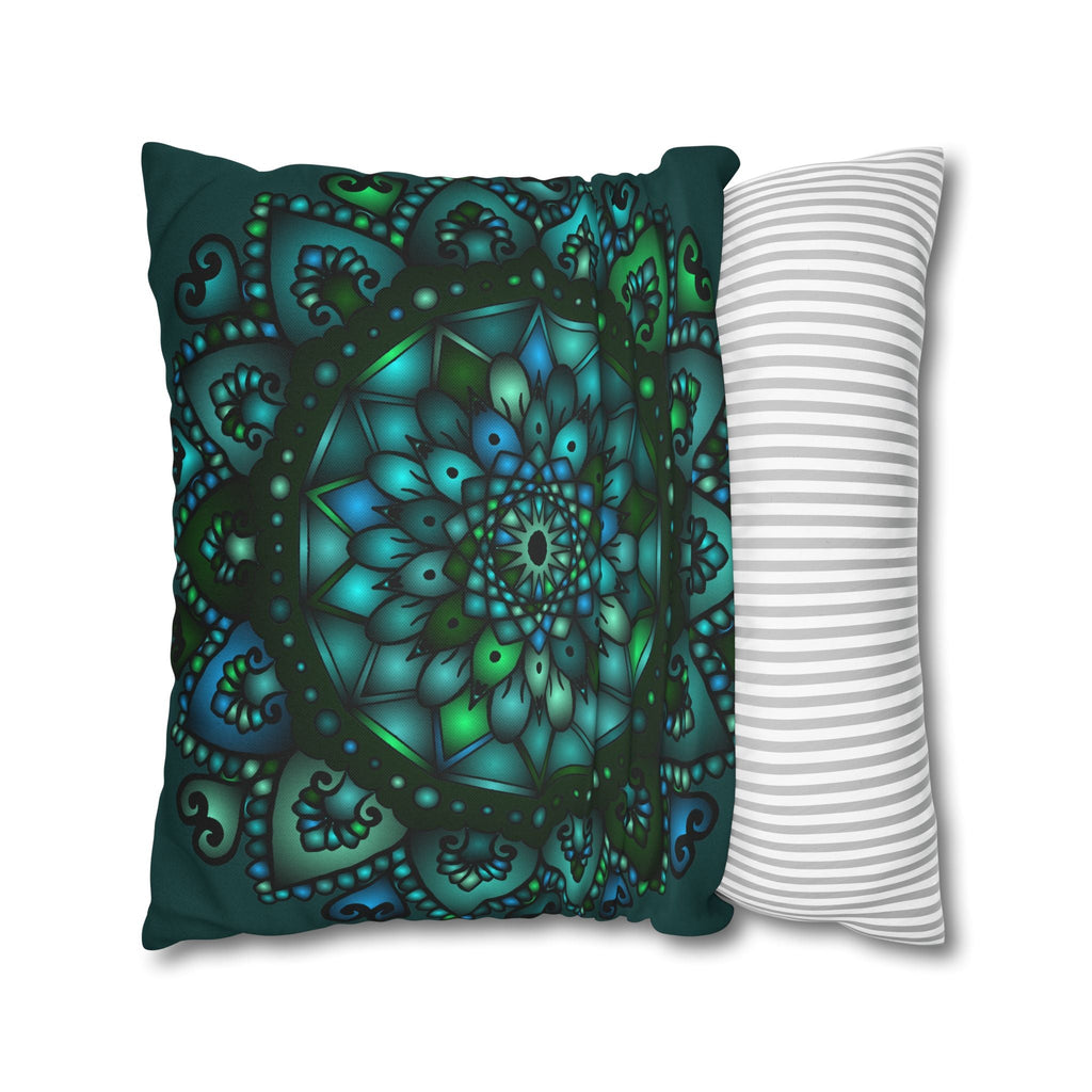 Spun Polyester Square Pillowcase Mandala Art - Original Fine Art - Hand - drawn - Petroleum Green - Blululi