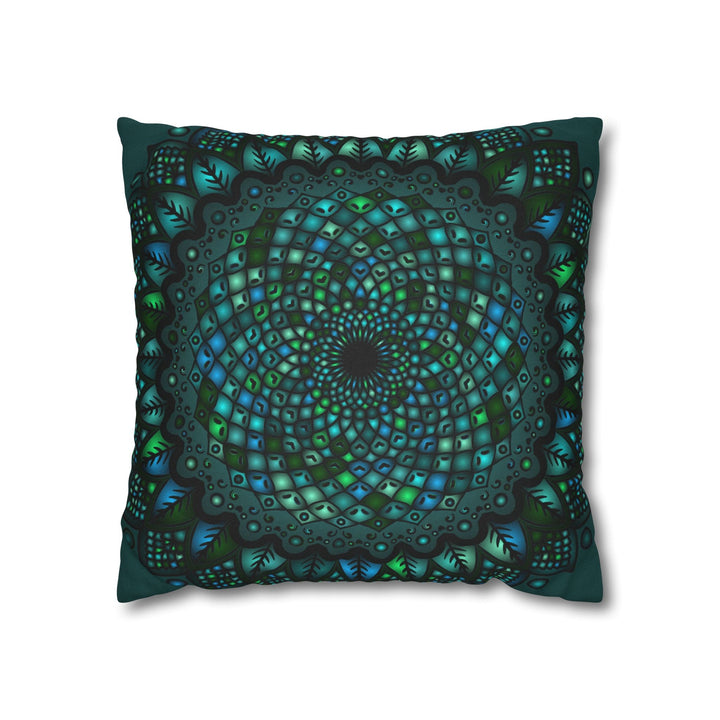 Spun Polyester Square Pillowcase Mandala Art - Original Fine Art - Hand - drawn - Petroleum Green - Blululi