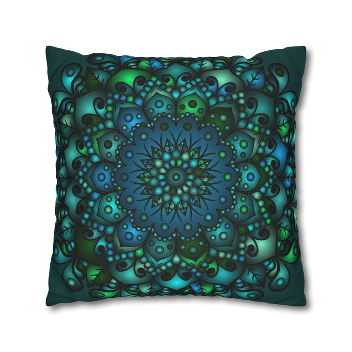 Spun Polyester Square Pillowcase Mandala Art - Original Fine Art - Hand - drawn - Petroleum Green - Blululi