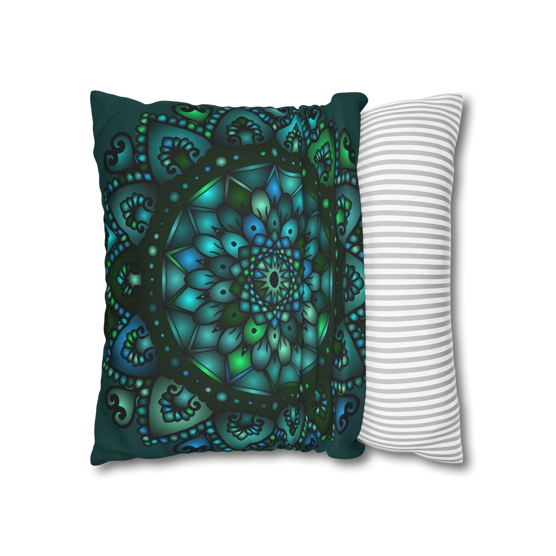 Spun Polyester Square Pillowcase Mandala Art - Original Fine Art - Hand - drawn - Petroleum Green - Blululi