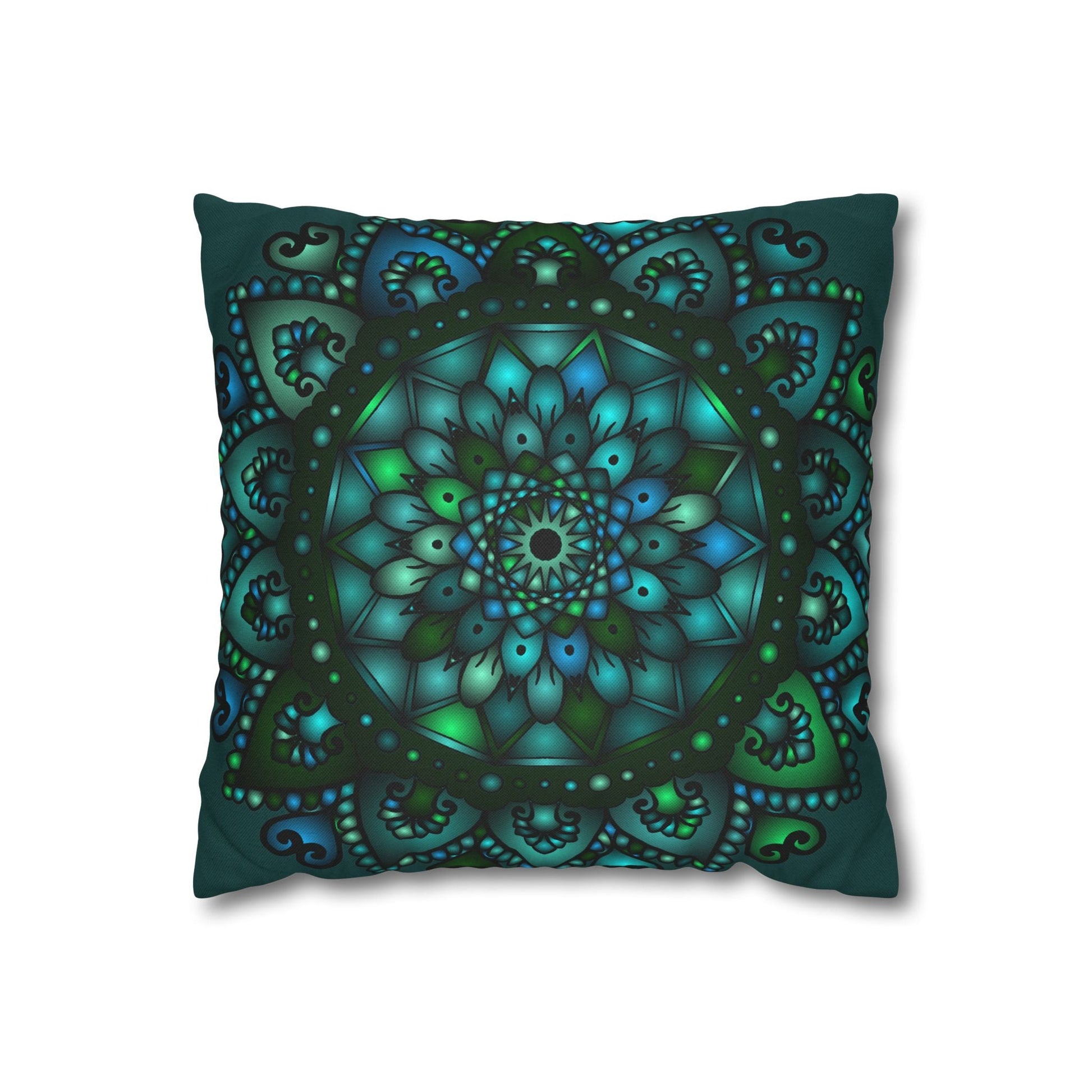 Spun Polyester Square Pillowcase Mandala Art - Original Fine Art - Hand - drawn - Petroleum Green - Blululi