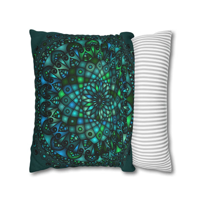 Spun Polyester Square Pillowcase Mandala Art - Original Fine Art - Hand - drawn - Petroleum Green - Blululi