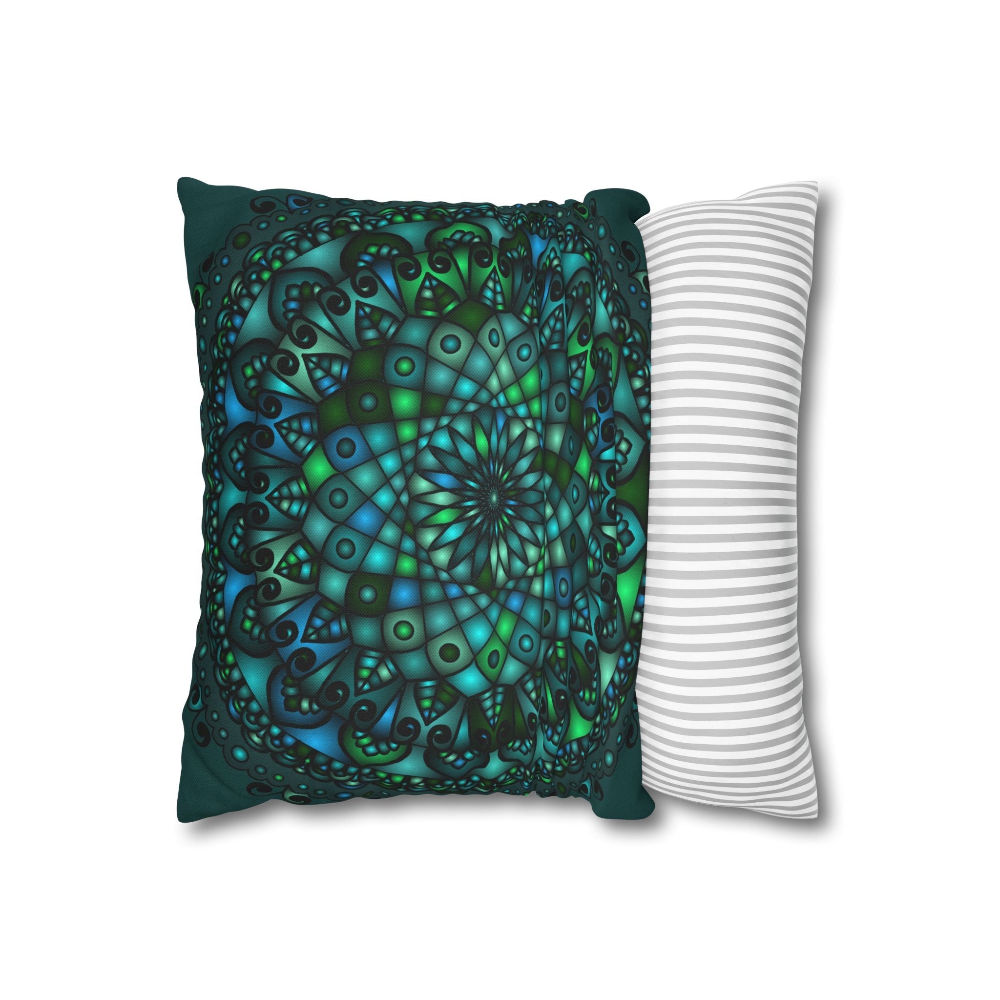 Spun Polyester Square Pillowcase Mandala Art - Original Fine Art - Hand - drawn - Petroleum Green - Blululi