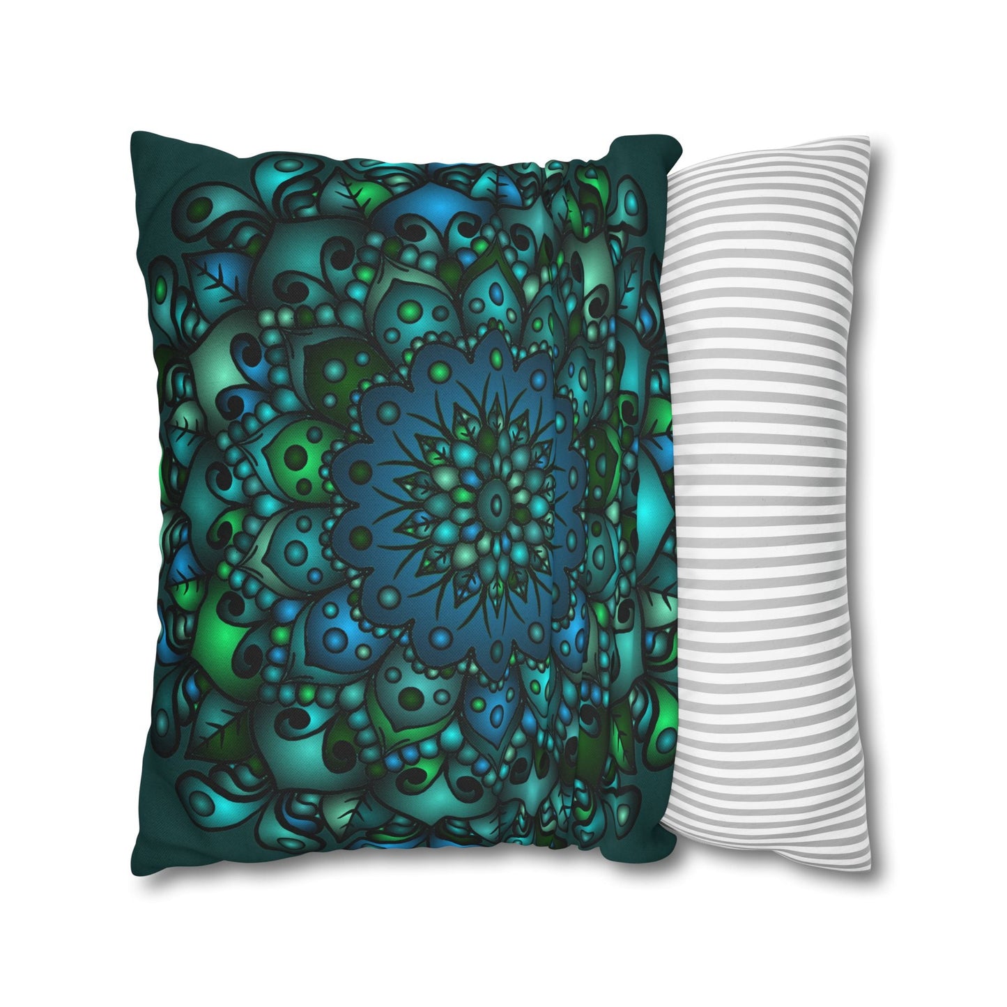 Spun Polyester Square Pillowcase Mandala Art - Original Fine Art - Hand - drawn - Petroleum Green - Blululi