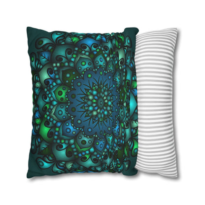 Spun Polyester Square Pillowcase Mandala Art - Original Fine Art - Hand - drawn - Petroleum Green - Blululi