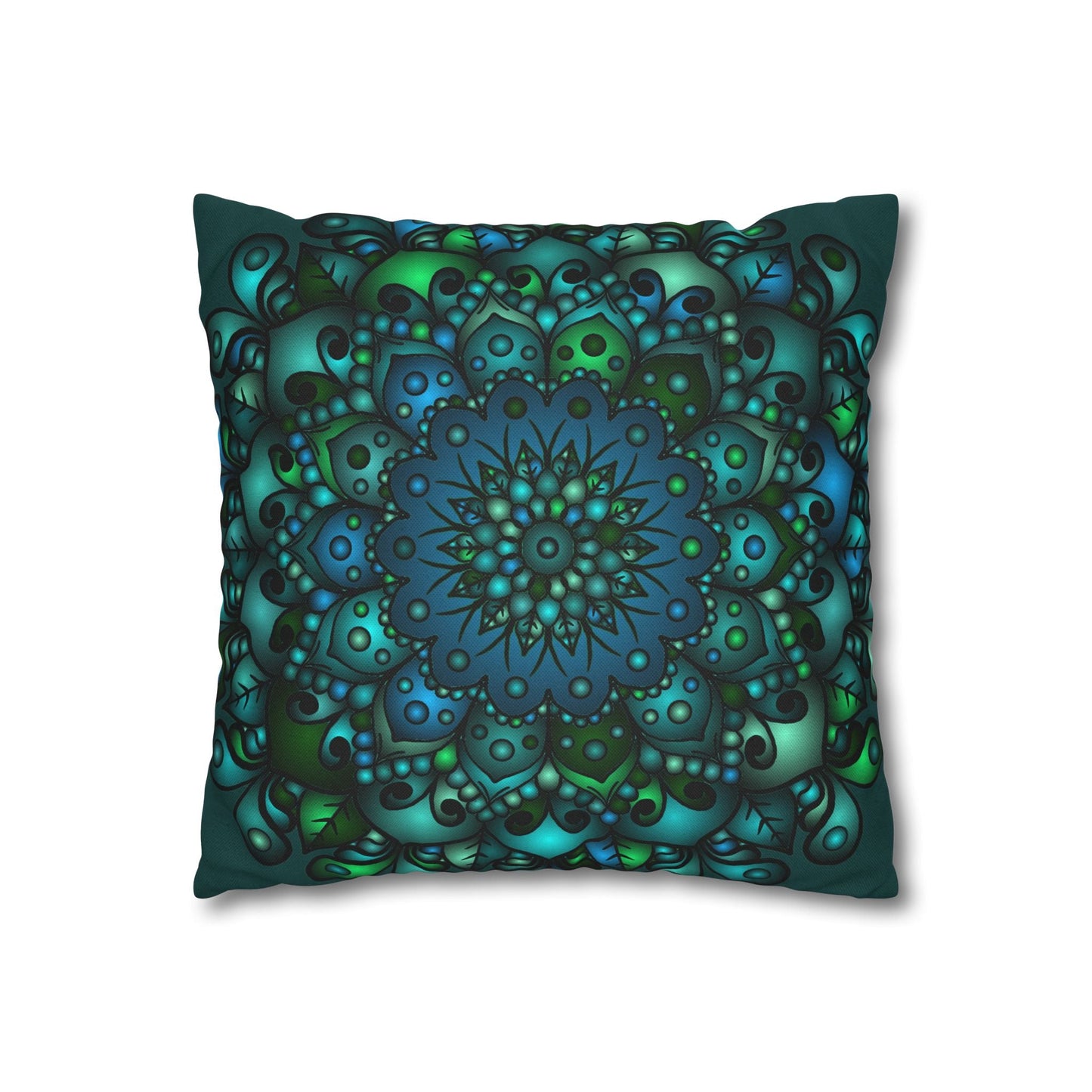 Spun Polyester Square Pillowcase Mandala Art - Original Fine Art - Hand - drawn - Petroleum Green - Blululi