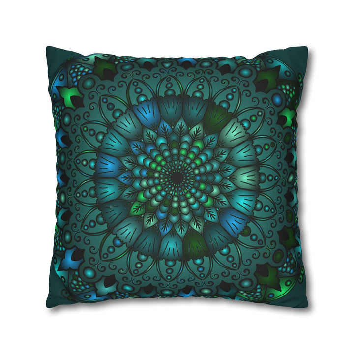 Spun Polyester Square Pillowcase Mandala Art - Original Fine Art - Hand - drawn - Petroleum Green - Blululi