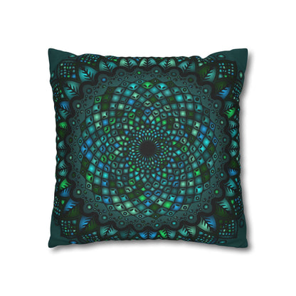 Spun Polyester Square Pillowcase Mandala Art - Original Fine Art - Hand - drawn - Petroleum Green - Blululi