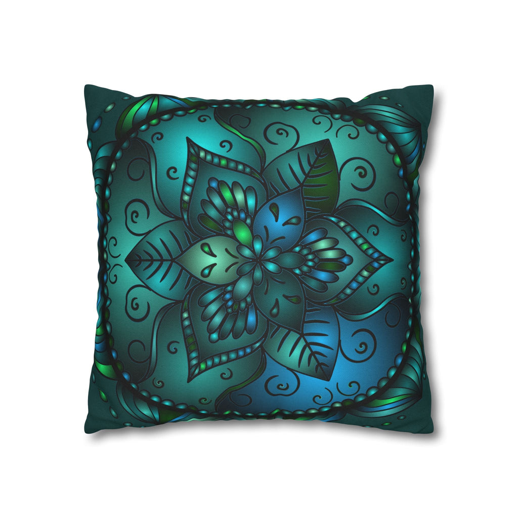 Spun Polyester Square Pillowcase Mandala Art - Original Fine Art - Hand - drawn - Petroleum Green - Blululi