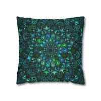Spun Polyester Square Pillowcase Mandala Art - Original Fine Art - Hand - drawn - Petroleum Green - Blululi