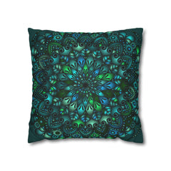 Spun Polyester Square Pillowcase Mandala Art - Original Fine Art - Hand - drawn - Petroleum Green - Blululi